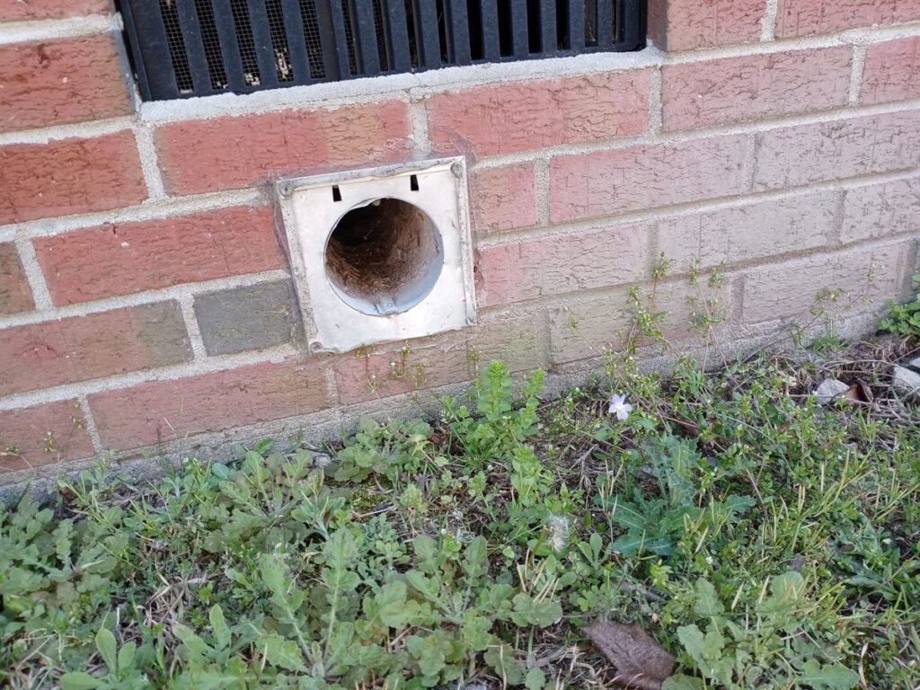 Exterior dryer vent on a brick wall blocked with compacted lint